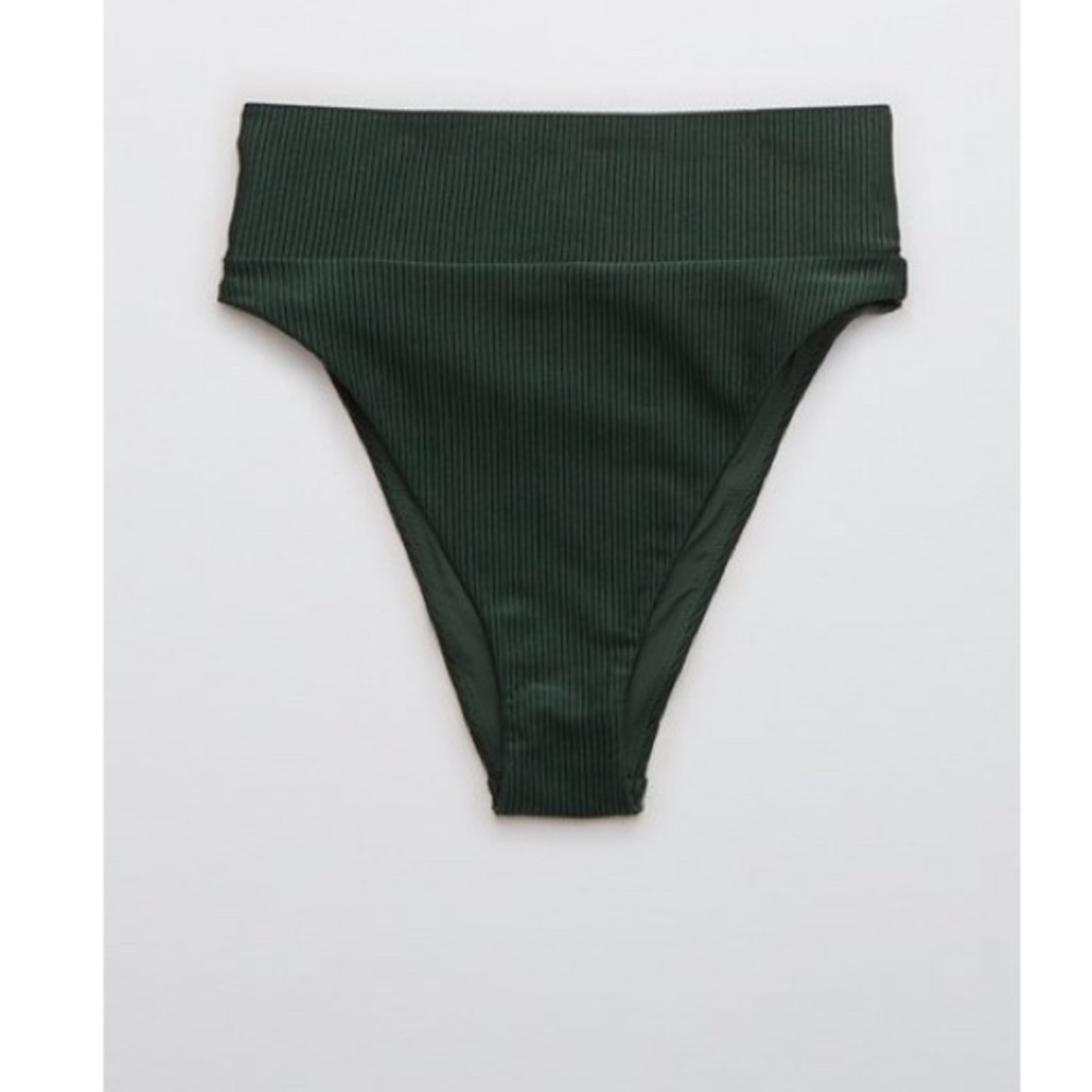 Aerie Ribbed Shine High Cut Cheeky Bikini Bottom | L | green